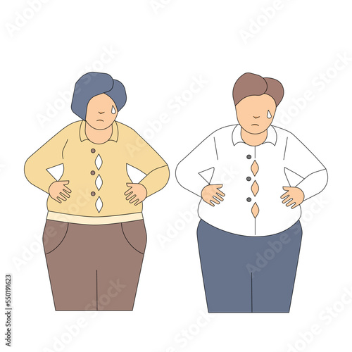 Women and men with weight gain until their shirts become tight and their buttons split,Vector illustration.