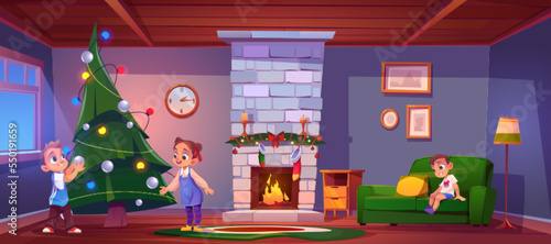 Children decorate Christmas tree at home interior with fireplace. Little sister and brother hanging balls on pine branches. Family prepare for xmas holiday celebration, Cartoon vector illustration