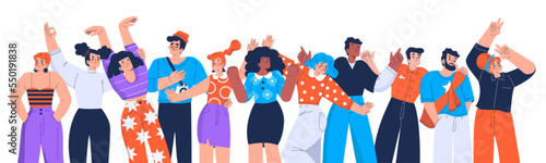 Happy people friends, employee team cheerful emotions. Male and female characters in positive mood, rejoice, celebrate victory or success. Posing men and women in row, Linear flat vector illustration