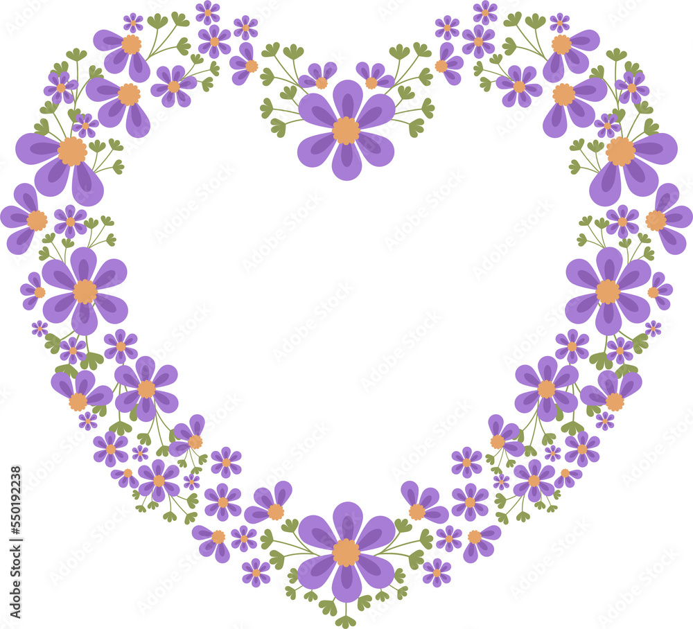 Purple flowers in heart frame. Flat design.