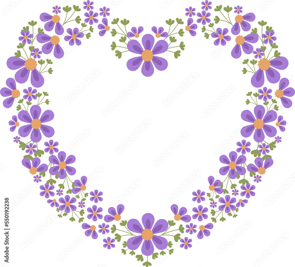 Purple flowers in heart frame. Flat design. Purple flowers in heart frame. Flat design.