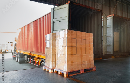Packaging Boxes Wrapped Plastic on Pallets Loading into Cargo Container. Distribution Supplies Warehouse. Shipping Trucks. Supply Chain Shipment Boxes. Freight Truck Logistics Cargo Transport.	