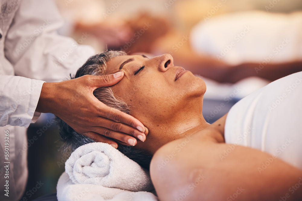 Face massage, relax and senior woman, spa wellness and sleeping during cosmetic therapy. Luxury hands, calm and masseuse with an elderly person at a hotel salon for care of body and sleep health Face massage, relax and senior woman, spa wellness and sleeping during cosmetic therapy. Luxury hands, calm and masseuse with an elderly person at a hotel salon for care of body and sleep health