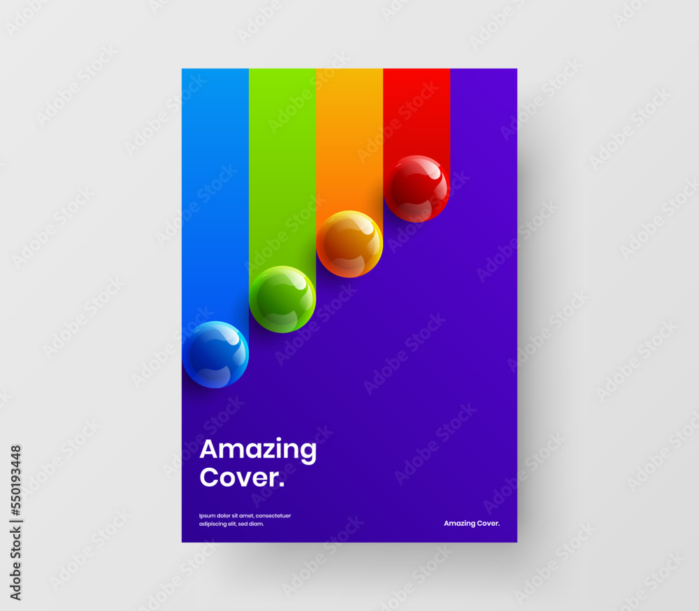 Geometric realistic spheres magazine cover concept. Amazing corporate identity A4 vector design template.