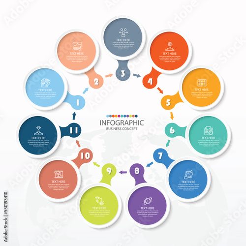 Basic circle infographic with 11 steps, process or options.