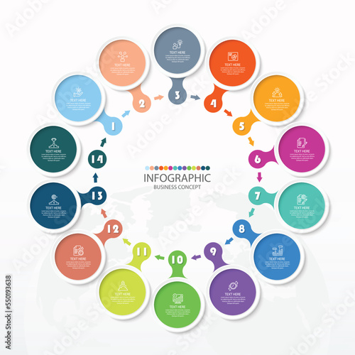 Basic circle infographic with 14 steps, process or options.