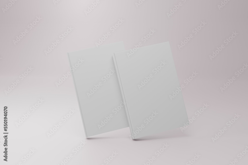 Hardcover book template, two blank books standing side by side on a white background for design purposes, 3d rendering Hardcover book template, two blank books standing side by side on a white background for design purposes, 3d rendering
