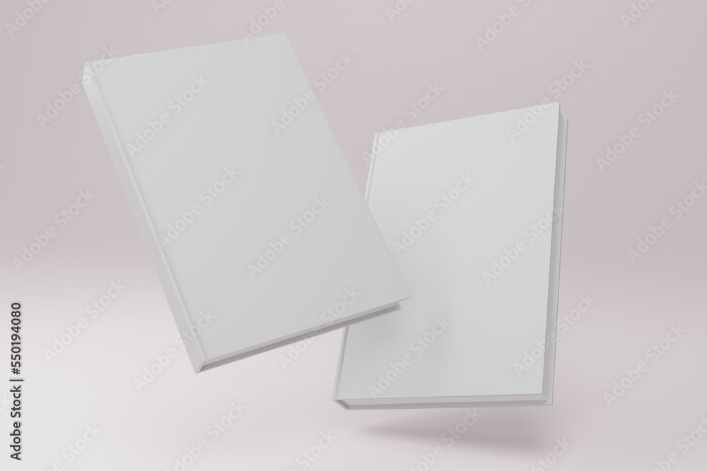 Hardcover book template, two blank books floating on a brown background for design purposes, 3d rendering Hardcover book template, two blank books floating on a brown background for design purposes, 3d rendering