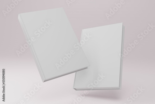 Hardcover book template, two blank books floating on a brown background for design purposes, 3d rendering