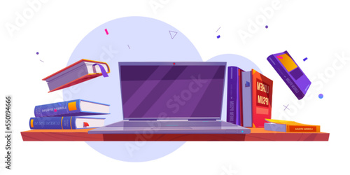 Laptop on desk with books around. Online education, computer technology, programming or freelance home office concept with student or freelancer workplace and notebook, Cartoon vector illustration