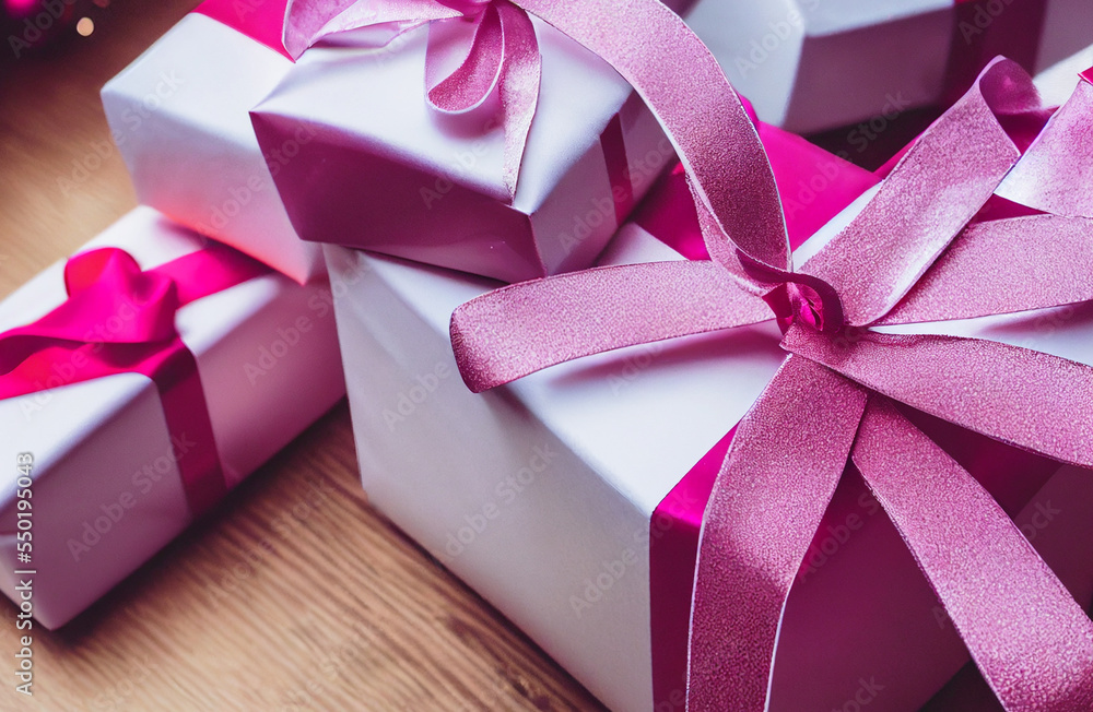 Φωτογραφία Caja de regalos en colores rosas, con listones rosados, vista superior, esferas