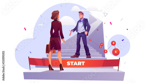 Women career development, personal growth and equal job opportunities concept with businesswoman stand at start line downstairs and man inviting her to ascend the ladder, Cartoon vector illustration