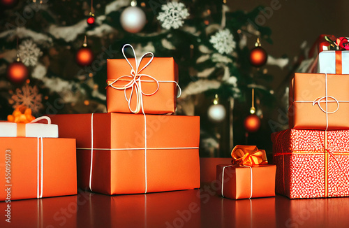 Caja de regalos en colores naranjas con listones blancos, vista superior, esferas y ornamentos navideños, de fondo árbol de navidad, regalo de navidad