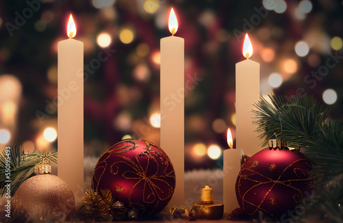 Velas encendidas, decoración navideña, Weihnachtsduft,luces desenfocadas de fondo, con esferas photo