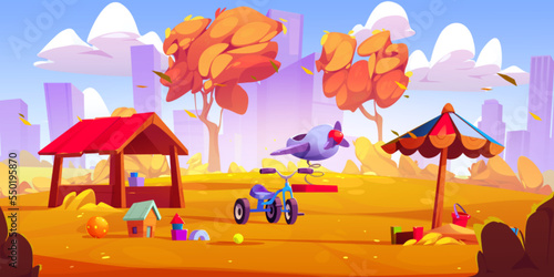 Kids playground with cityscape view at sunny autumn day. Children area with sandbox, toys, bicycle and wooden house for playing and recreation fun. City park or house yard, Cartoon vector illustration