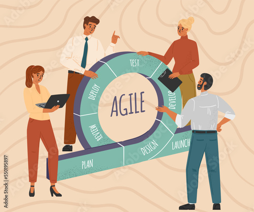 Scrum development process cycle diagram concept vector illustration. Agile and scrum sprints methodology. Business team work with agile process of software development