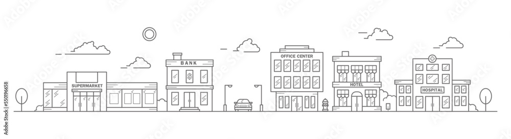 City skyline in line art style. Landscape with row houses of bank, office center, super market, hotel and hospital. Street horizontal panorama. Vector illustration