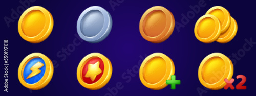 Gold coins icons, tokens for game ui interface. Symbols of trophy, award, bonus, rating with golden, silver and bronze badges, coins with star and lightning signs, vector cartoon set