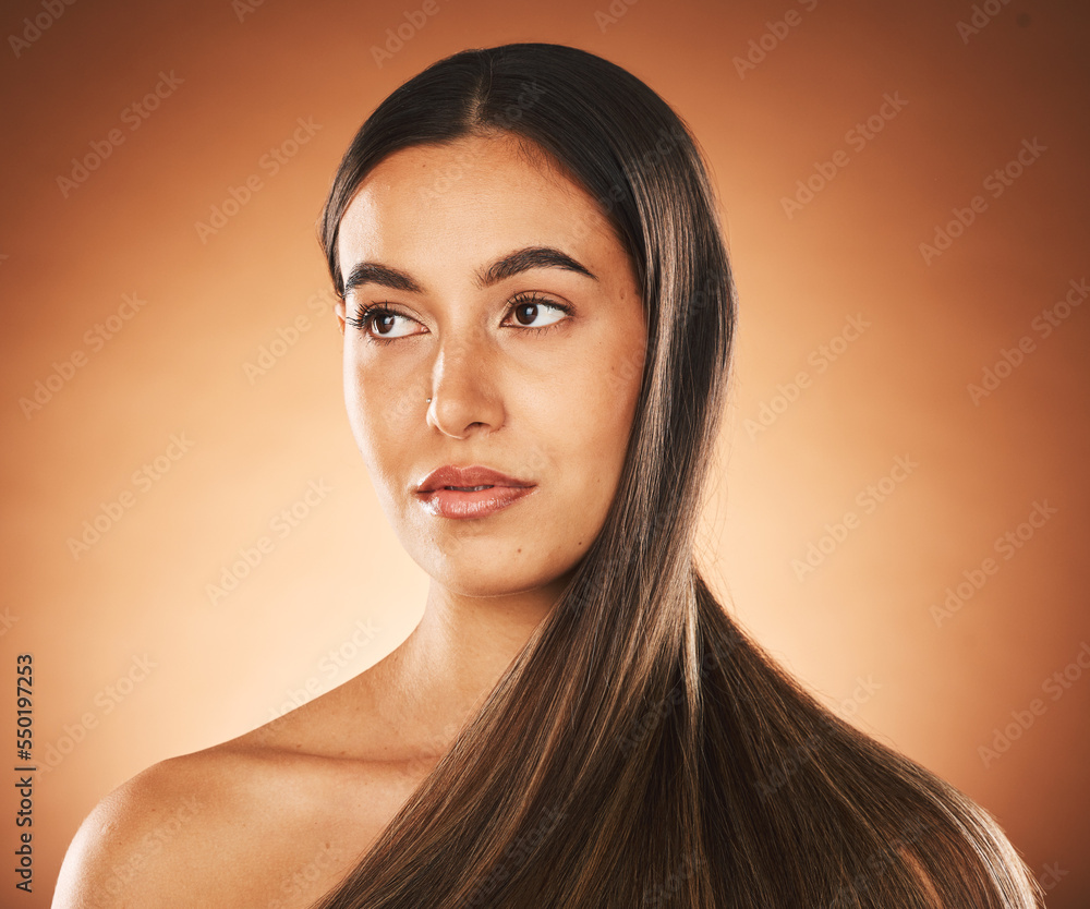 Woman skincare, beauty and hair care with face, makeup or cosmetic advertising in brown studio background. Shampoo product, marketing or headshot of model, self care and facial cosmetics or wellness Woman skincare, beauty and hair care with face, makeup or cosmetic advertising in brown studio background. Shampoo product, marketing or headshot of model, self care and facial cosmetics or wellness
