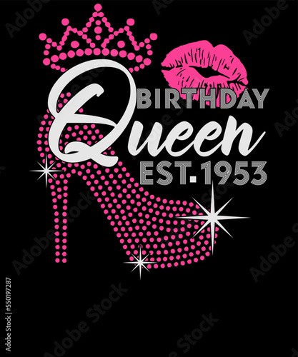Birthday Queen Est 1953 Rhinestone Pink Birthday T shirt Design