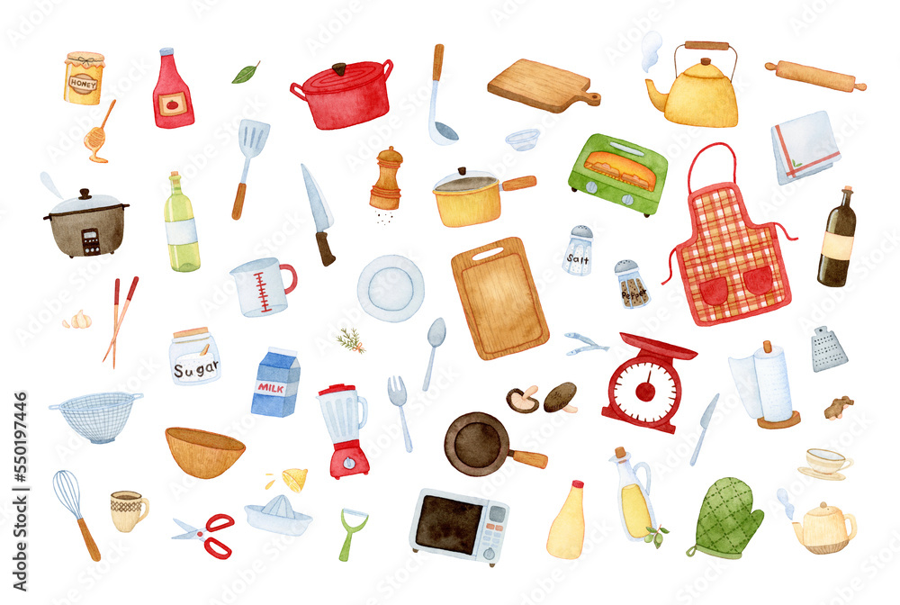 Big collection of kitchen tools. Salt and pepper, pots, aprons, mittens, plates, various symbols. Hand painted watercolor on white clip art graphic elements for printable decoration. Big collection of kitchen tools. Salt and pepper, pots, aprons, mittens, plates, various symbols. Hand painted watercolor on white clip art graphic elements for printable decoration.