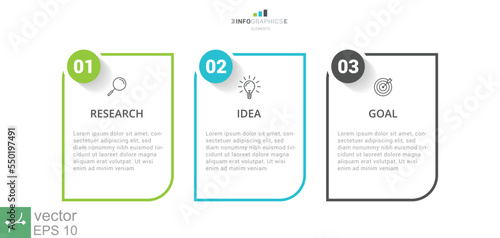 3 steps diagram. Three square elements in horizontal row. Rectangle with number and icons. 3 stages of business process. Vector illustration EPS 10.