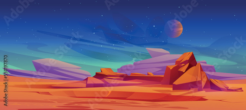 Mars surface, alien planet landscape, cartoon background with red desert, rocks crater and stars shine on dark night sky. Martian extraterrestrial computer game backdrop, Vector illustration
