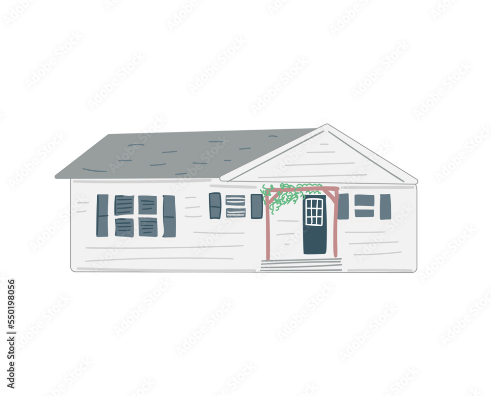 Hand drawn doodle flat building. A rustic wooden house with blue shutters and a cute porch. Hand drawn doodle flat building. A rustic wooden house with blue shutters and a cute porch.