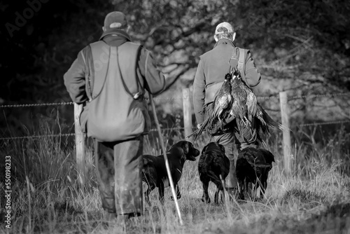 Canvas-taulu Grayscale shot of hunters walking in a grass field with food and domestic dogs