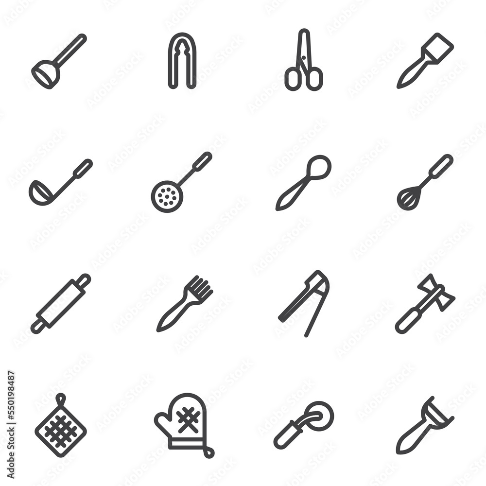 Kitchen utensils line icons set Kitchen utensils line icons set