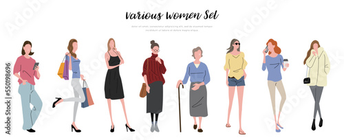 ベクターイラスト素材：さまざまな女性、人物セット
