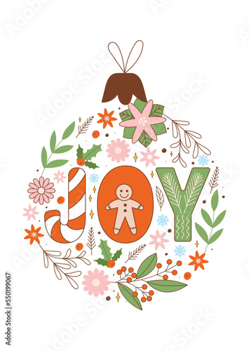 New year retro greeting card with Christmas ball toy and decorative elements. Groovy toy and lettering in 70s style. Typography Joy. Vector illustration for postcard, invitation, sticker etc. photo