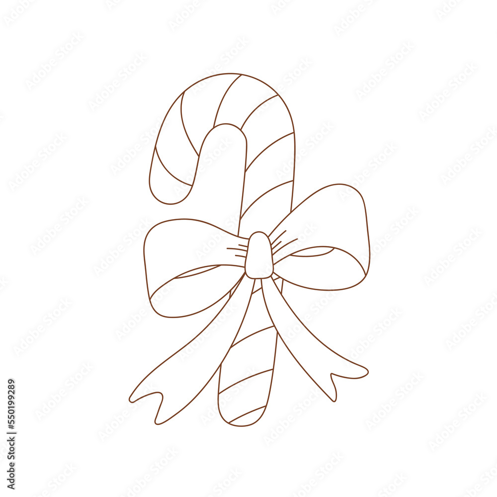 Coloring page outline of Christmas candy cane with bow. Outlined sweet lollipop. Coloring vector book antistress for adult and kids. Coloring page outline of Christmas candy cane with bow. Outlined sweet lollipop. Coloring vector book antistress for adult and kids.