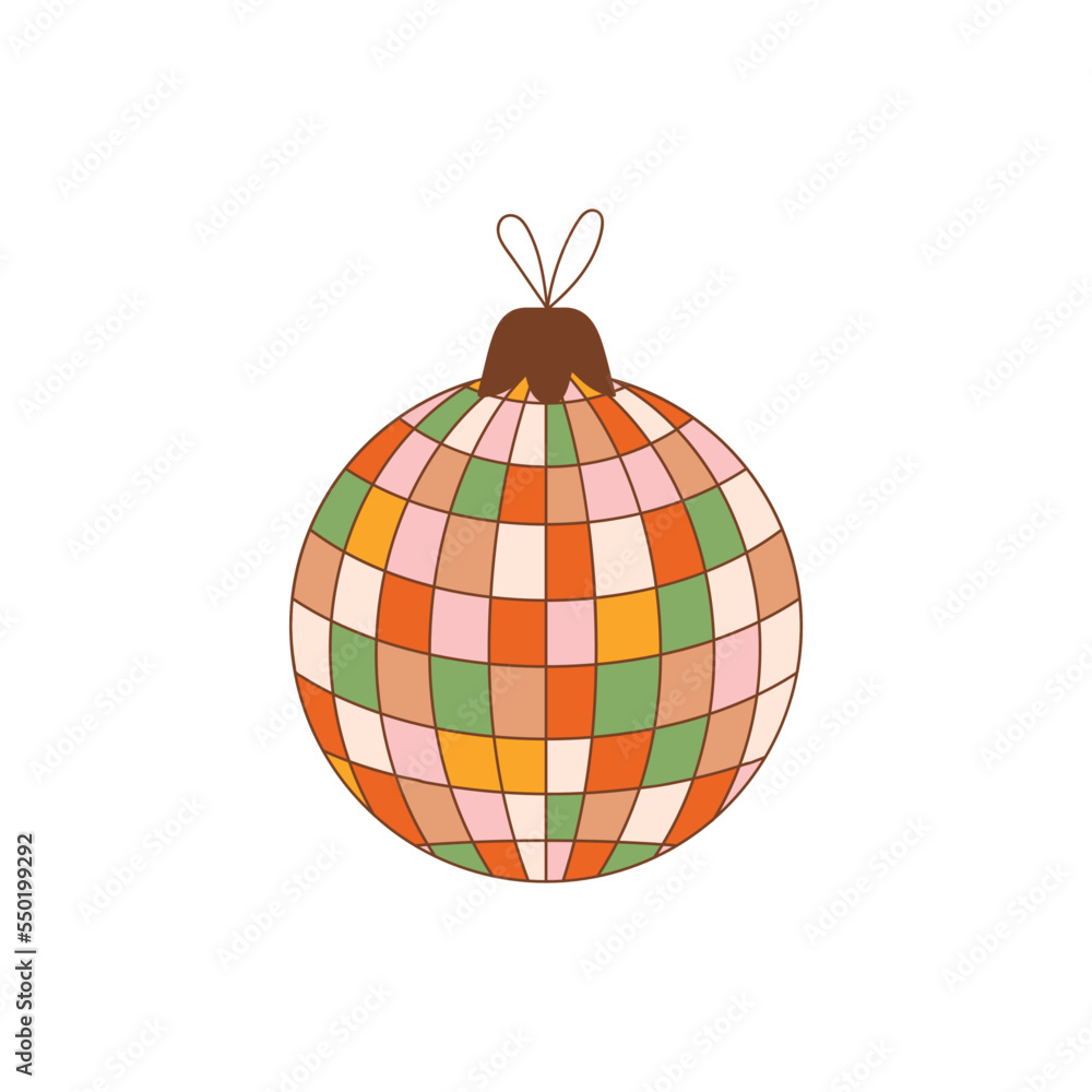 Christmas disco ball toy. Groovy toy in 70s style on white background. Vector illustration for postcard, invitation, sticker etc. Christmas disco ball toy. Groovy toy in 70s style on white background. Vector illustration for postcard, invitation, sticker etc.