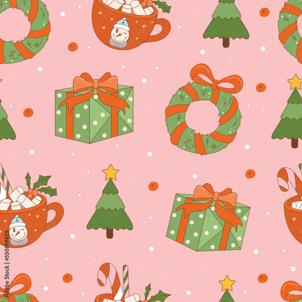 Christmas retro seamless pattern with groovy gifts, wreath, fir tree and cacao drink. Vintage vector for winter holidays postcard, invitation, wrapping paper, packaging etc. Christmas retro seamless pattern with groovy gifts, wreath, fir tree and cacao drink. Vintage vector for winter holidays postcard, invitation, wrapping paper, packaging etc.