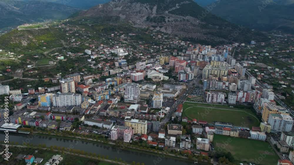 Aerial view around the city Lezhë in Albania on a cloudy day in autumn. Aerial view around the city Lezhë in Albania on a cloudy day in autumn.