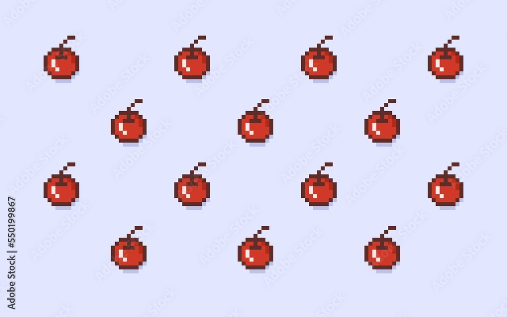 Pixel art red apple isolated on purple soft background. asset game, sticker, logo design, can be used for wallpaper or background. Pixel art red apple isolated on purple soft background. asset game, sticker, logo design, can be used for wallpaper or background.