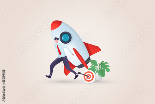 3D Start your own business, launch a rocket success or entrepreneur, start-up project or boost company growth, invention concept, ambitious entrepreneur carrying rocket