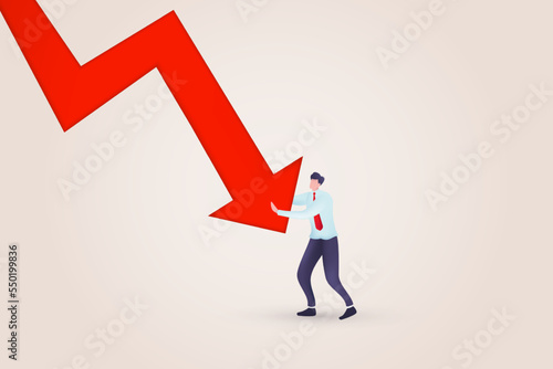 3D Bankrupt businessman pushed by downward Red arrow going down. Symbol of bankruptcy, failure, recession, crisis and financial losses on stock exchange market.