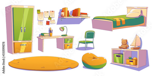 Boy room, kid bedroom or nursery interior elements, furniture and staff set. Bed, wardrobe, carpet, table, bookshelf, chair isolated on white background, Cartoon linear flat vector illustration, icons