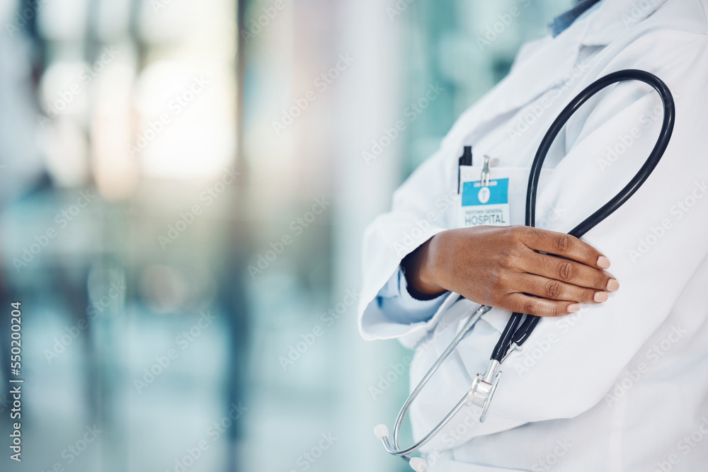 Black doctor hands, stethoscope and healthcare in hospital for medical  leadership, wellness and clinic service. Closeup of cardiology expert,  heart surgeon and professional african woman in medicine Stock Photo |  Adobe Stock
