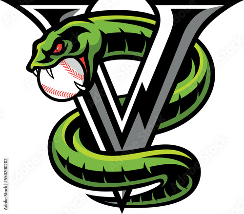 Aggressive Green Viper Wrapped Around Letter V with a Baseball ball into its Mouth photo