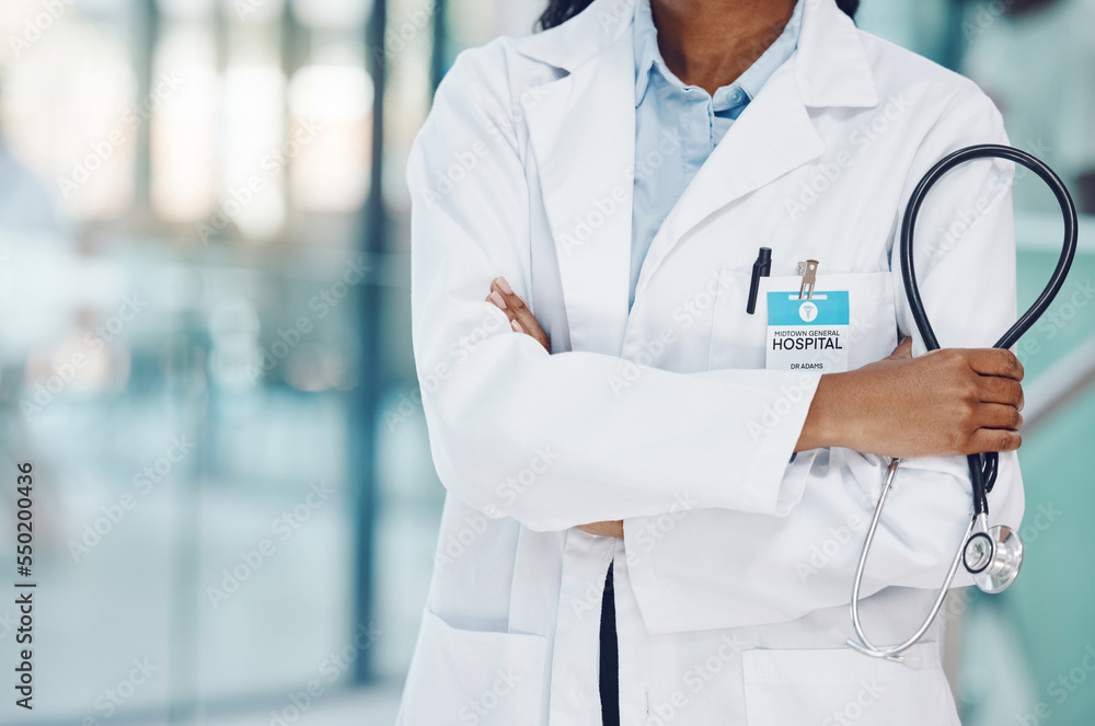Stethoscope, cardiology doctor with innovation, experience and expert knowledge for hospital, clinic or medical background. Proud black woman healthcare worker for trust, heart health and insurance Stethoscope, cardiology doctor with innovation, experience and expert knowledge for hospital, clinic or medical background. Proud black woman healthcare worker for trust, heart health and insurance