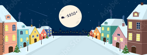 Christmas banner vector illustration, sweet pastel colorful house with road street in cute lovely city town, Santa Claus fly in sleigh with reindeers on full moon sky night, winter calibration holiday
