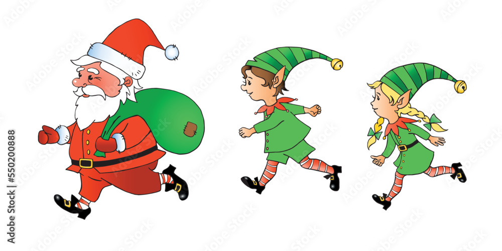 Set of cute running little Christmas Elves and Santa Claus. Vector hand drawn outline color Cartoon characters for New year, xmas, childrens design Set of cute running little Christmas Elves and Santa Claus. Vector hand drawn outline color Cartoon characters for New year, xmas, childrens design