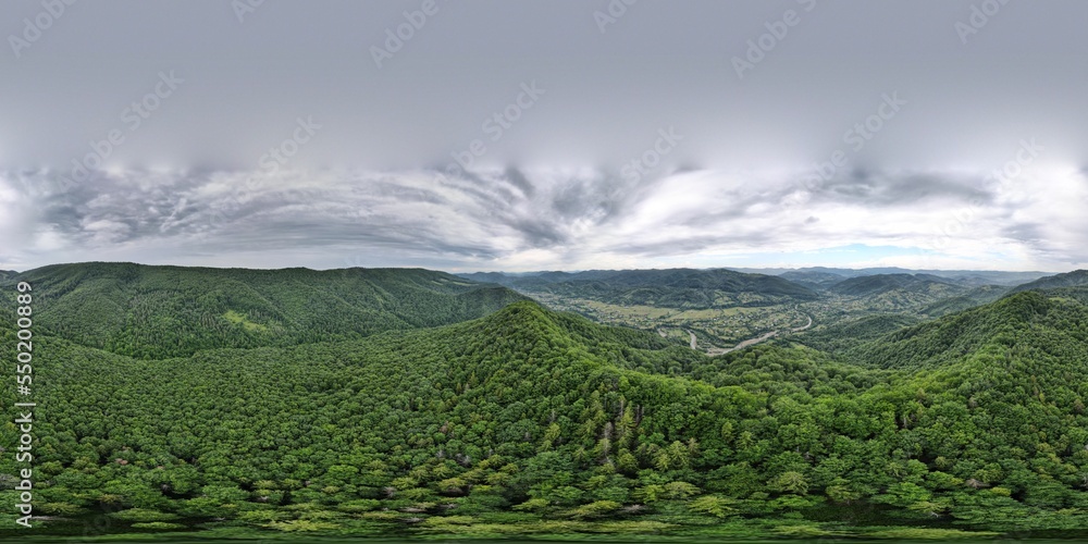 Panorama 360 of the Carpathian Mountains, with forest, meadows, mountains, river, village .
