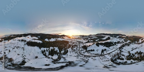 Ukrainian snow-covered village Kryvopillia, panorama 360 of winter villages, Carpathian villages in Ukraine.