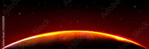 Mars alien planet edge in sunrise light on black sky with shining stars. Outer space background, planet globe with red glow, luminous atmosphere on horizon border, Realistic 3d vector illustration