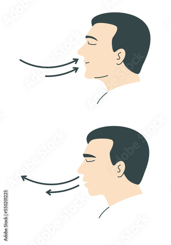 Top body of a man doing breath exercise, flat vector illustration.