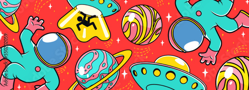 Colorful astronauts in spacesuits, fantasy planets, alien UFOs, space objects and stars on bright background. Trendy contemporary style seamless space pattern for wallpaper. Vector illustration